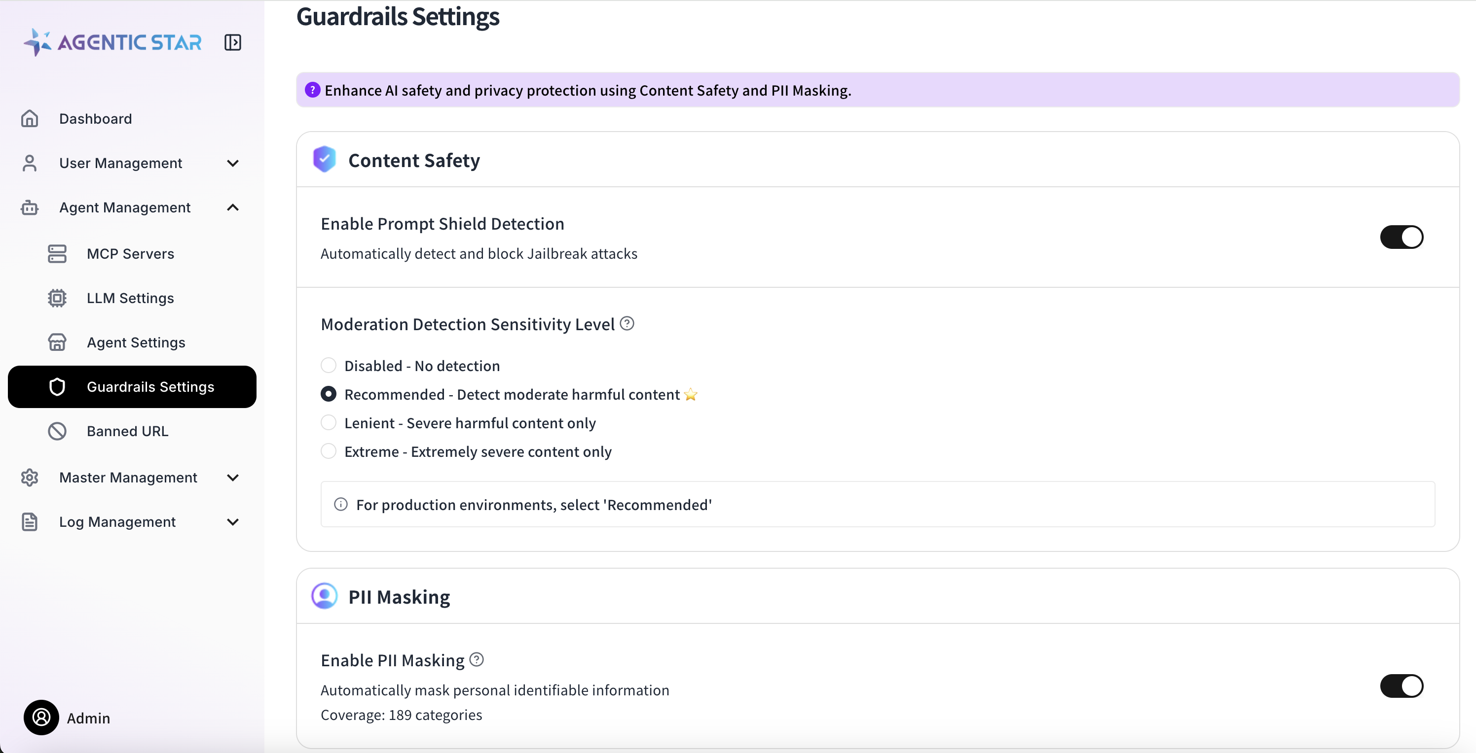 Guardrail settings screen