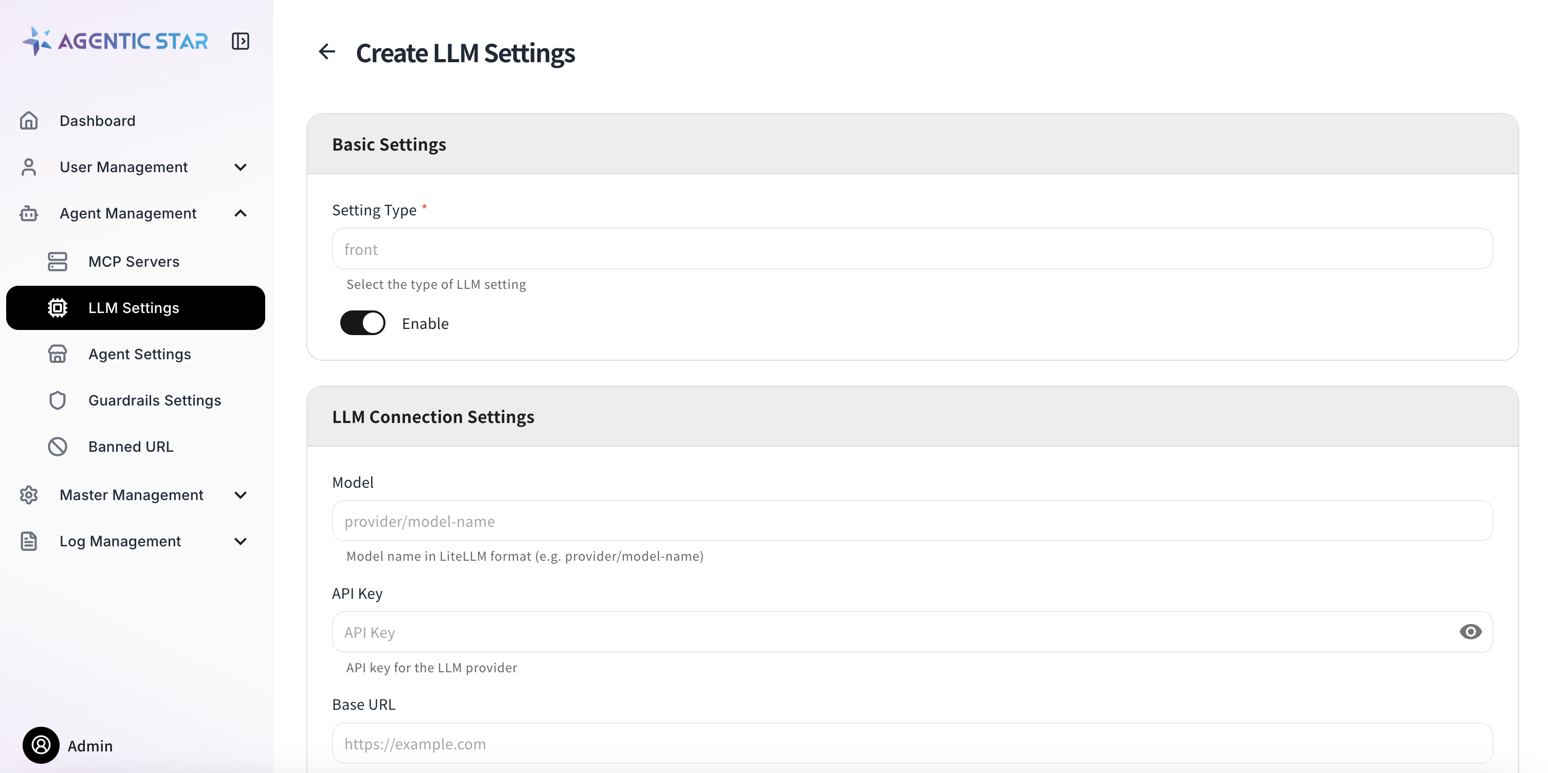 LLM settings screen